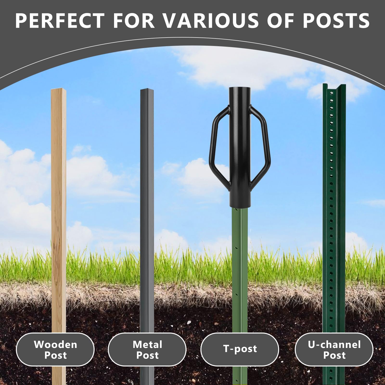 Sekcen fence post driver dimensions show 17-inch length for reach and depth.