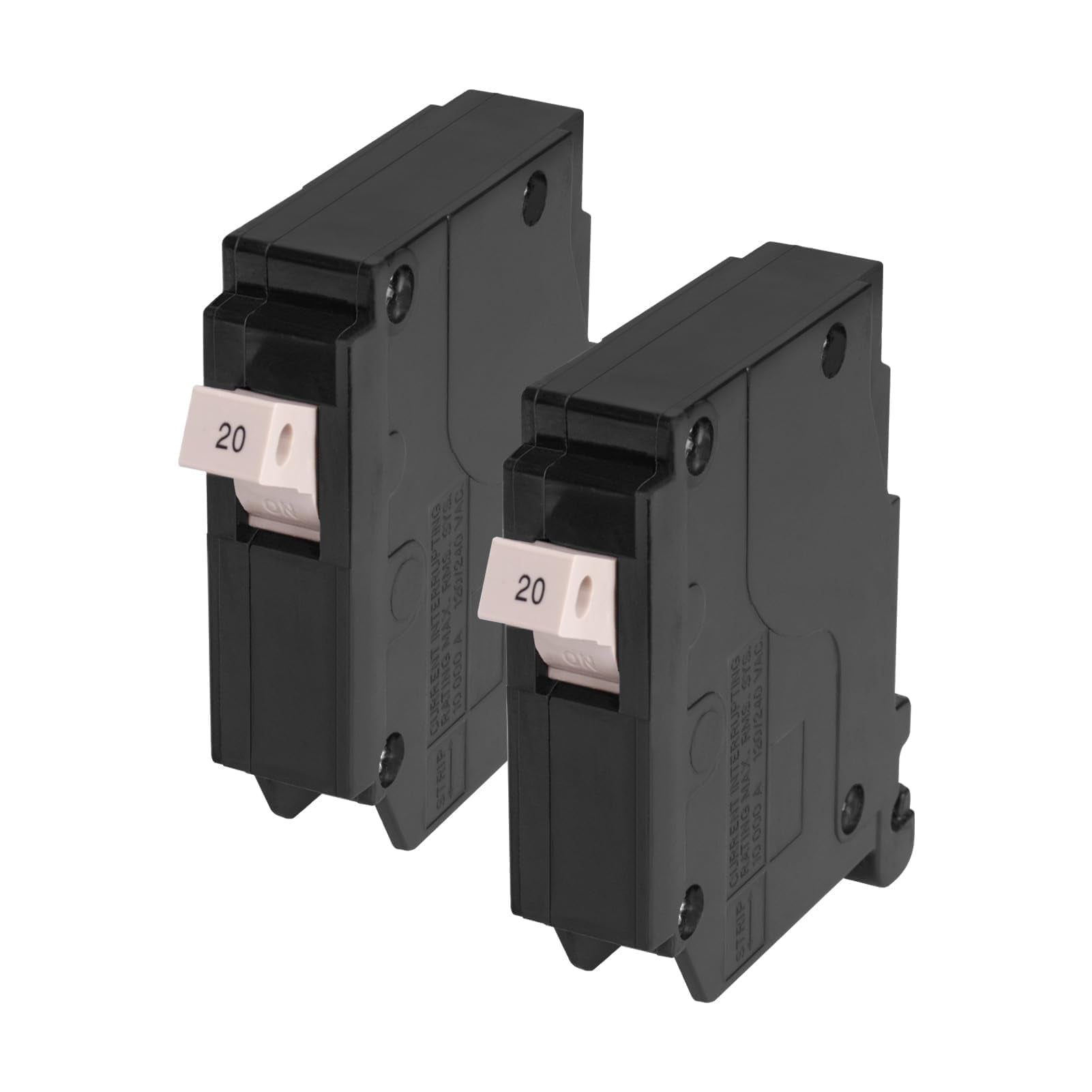 Sekelo 20A 1-pole breaker front view with plug-on design for easy panel installation.