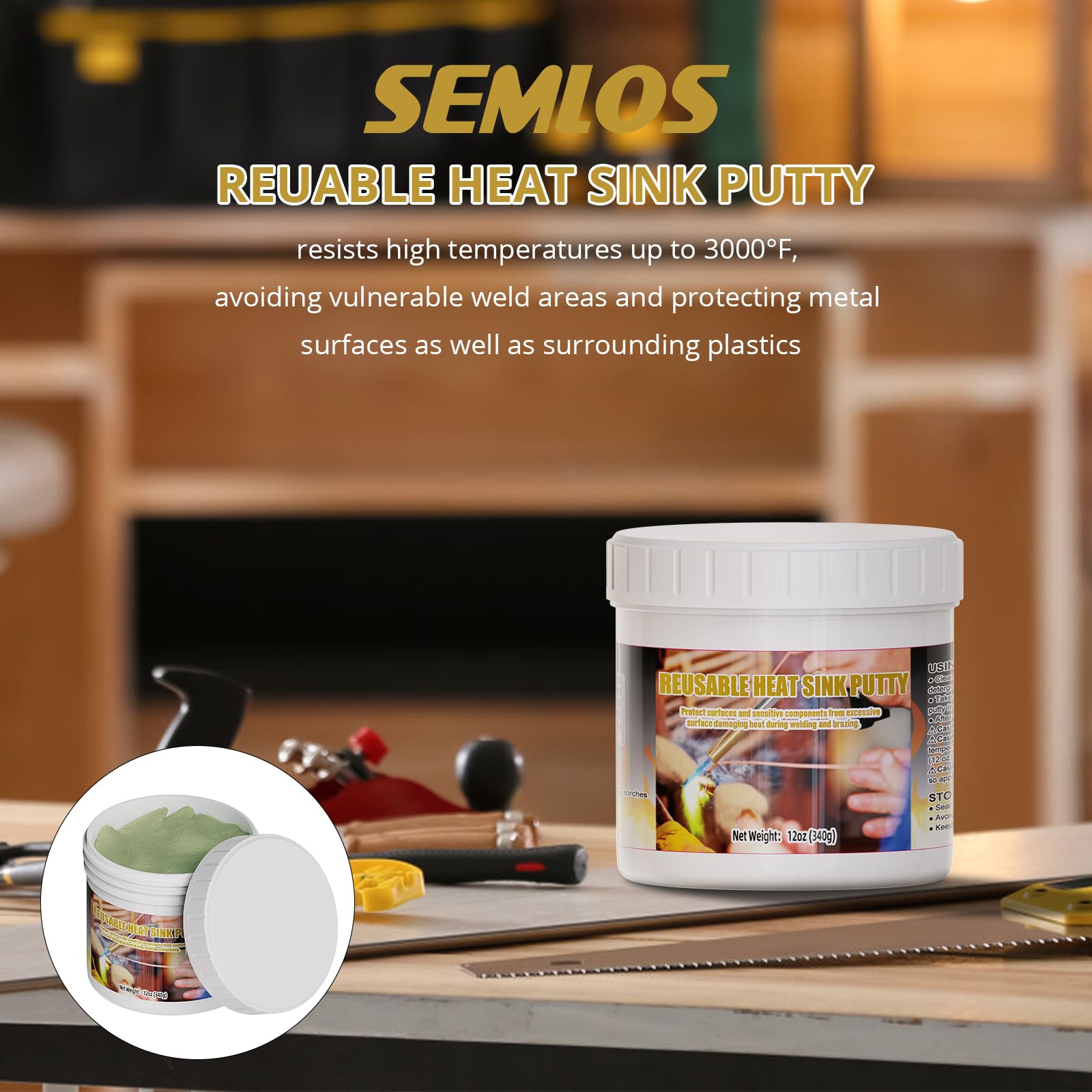 Semlos Heat Blocking Putty Jar texture demo highlights malleability for shaping.