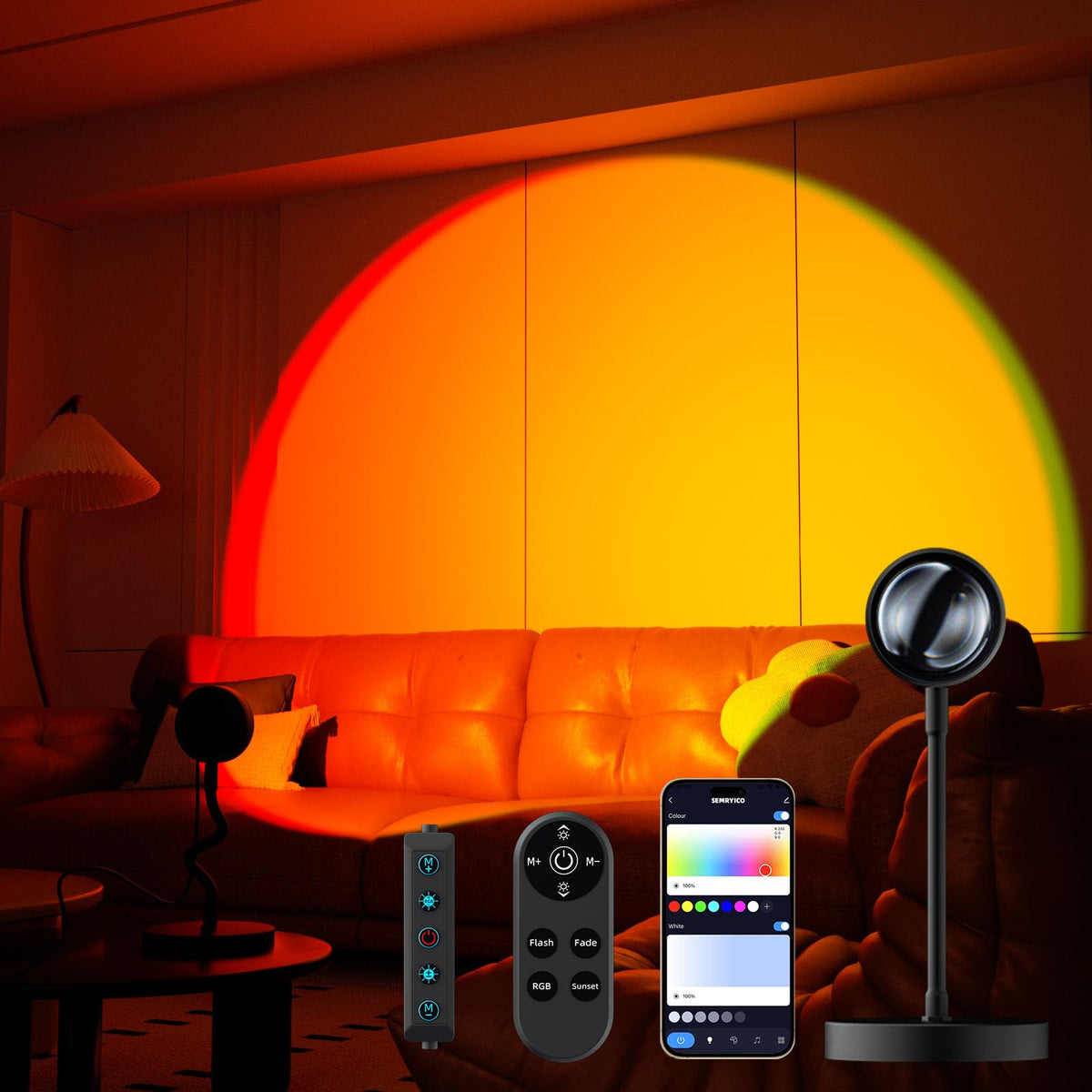 SEMRYICO Sunset Lamp Projector with remote control creates customizable ambience in a bedroom