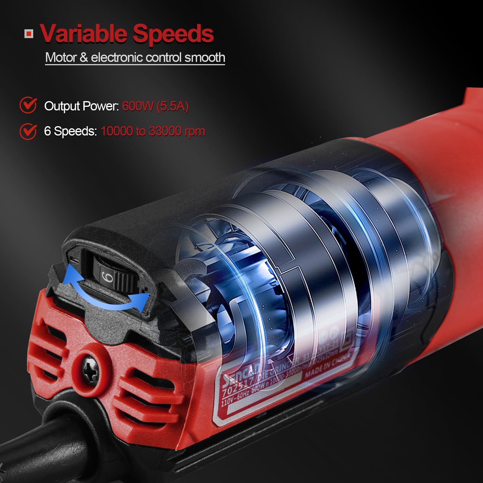 SENCAN 600W copper motor delivers high rpm for tough grinding tasks.