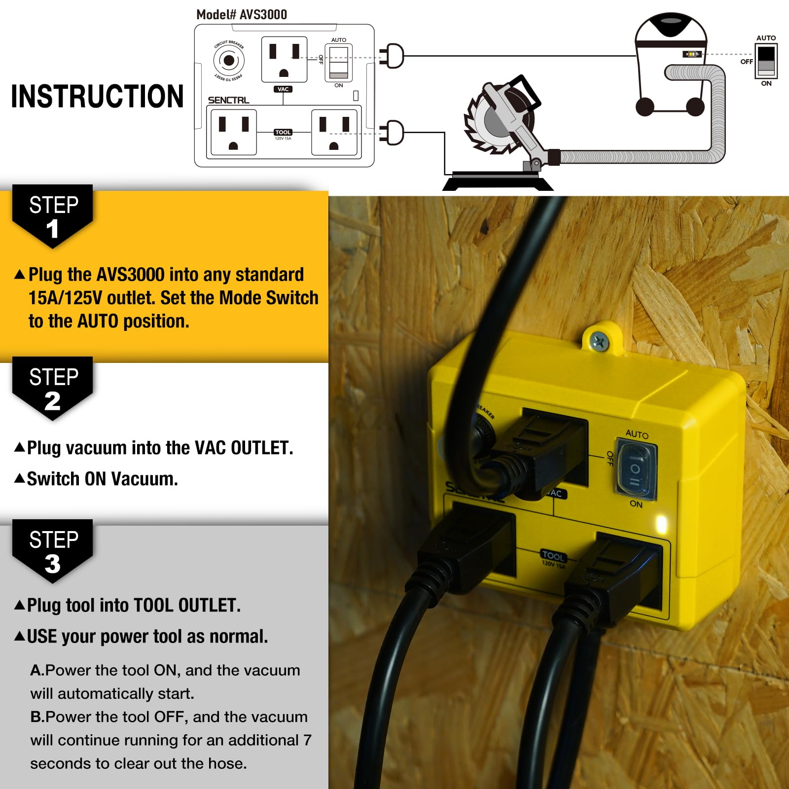 SenCTRL AVS3000 safety overload breaker protects circuits during woodworking tasks.