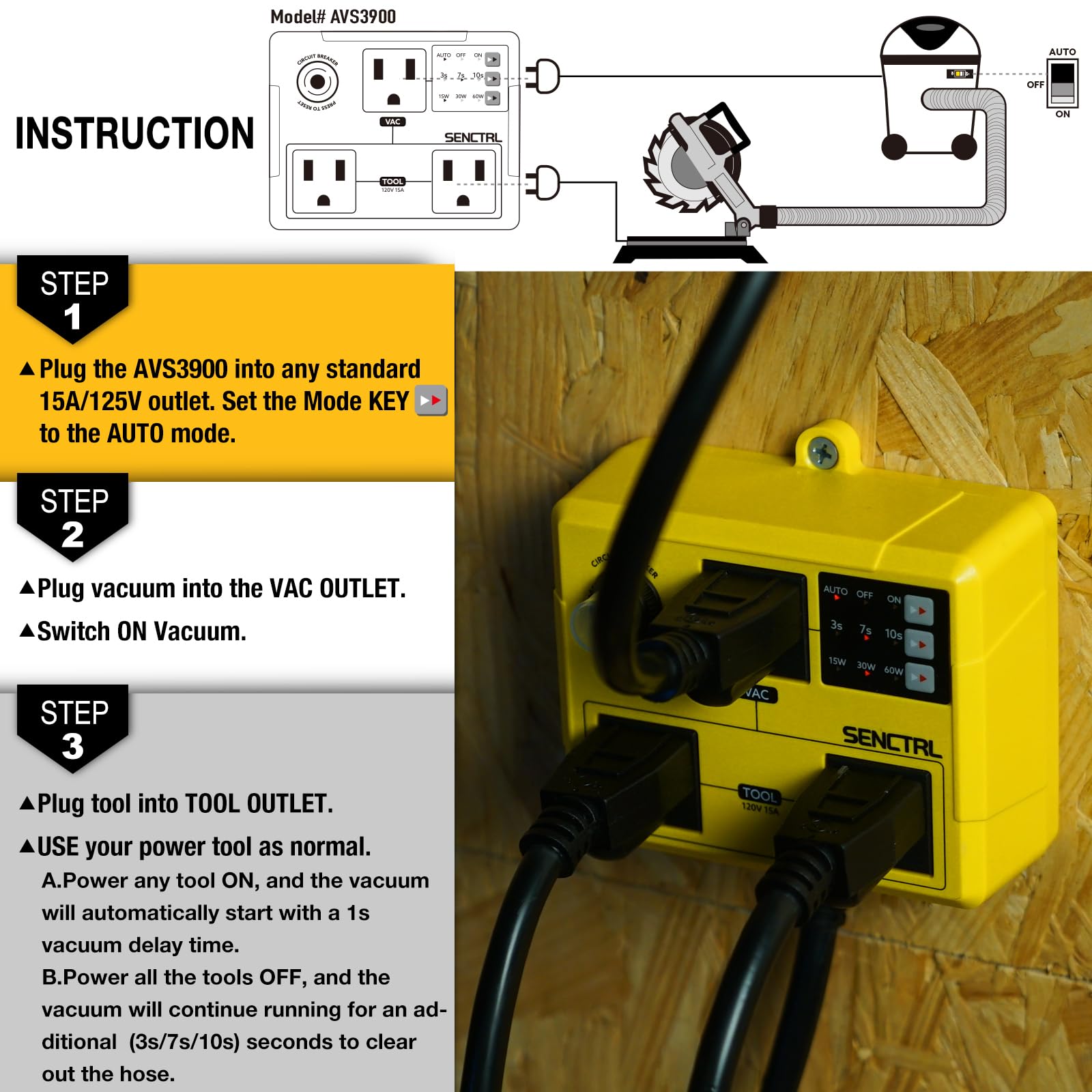 Senctrl AVS3900 14AWG cord ensures durable power connection.