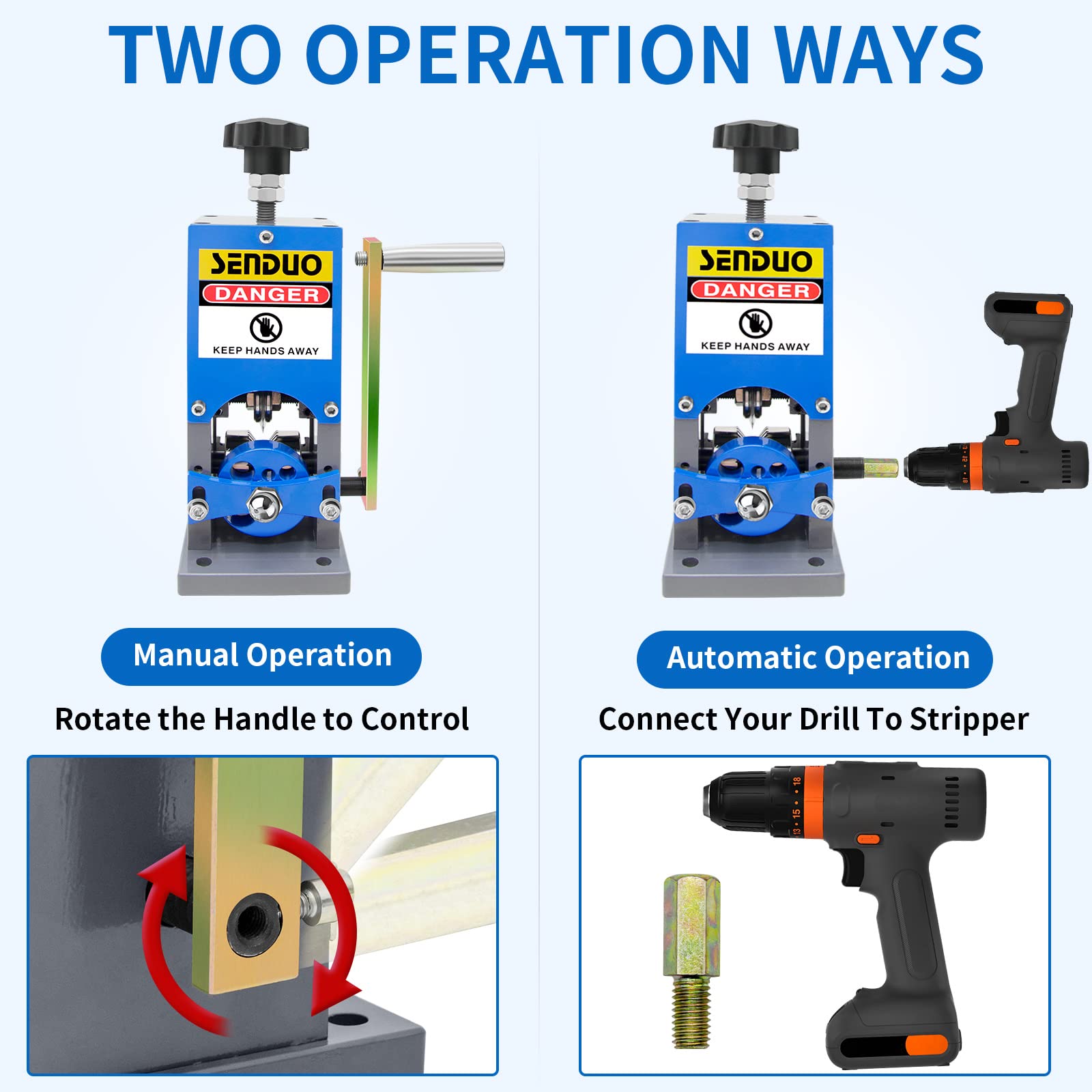 SENDUO hand crank operation close-up illustrates precise manual stripping.