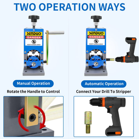 SENDUO hand crank operation close-up illustrates precise manual stripping.