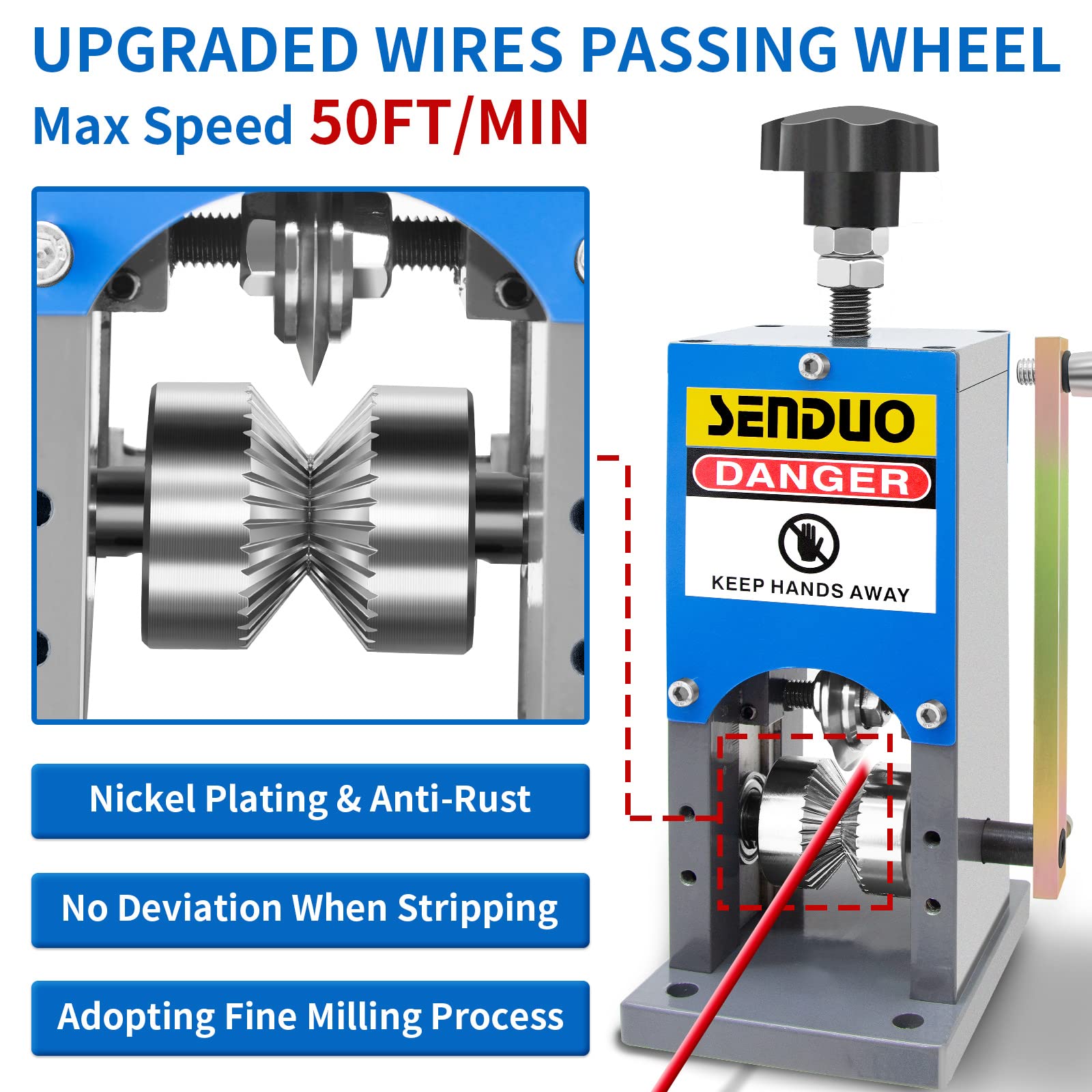 SENDUO wire stripper side view demonstrates versatile use with hand or drill.
