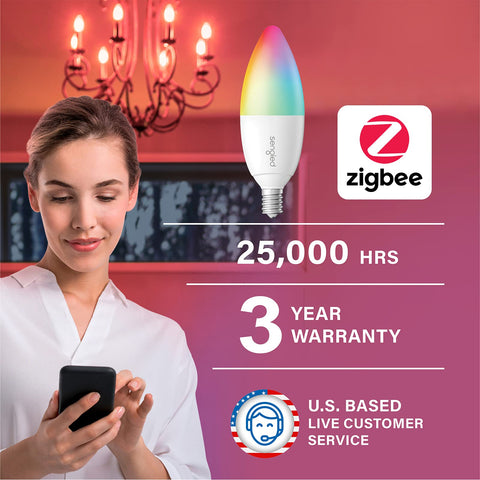Sengled Zigbee smart candelabra bulbs color range display for vibrant scenes.
