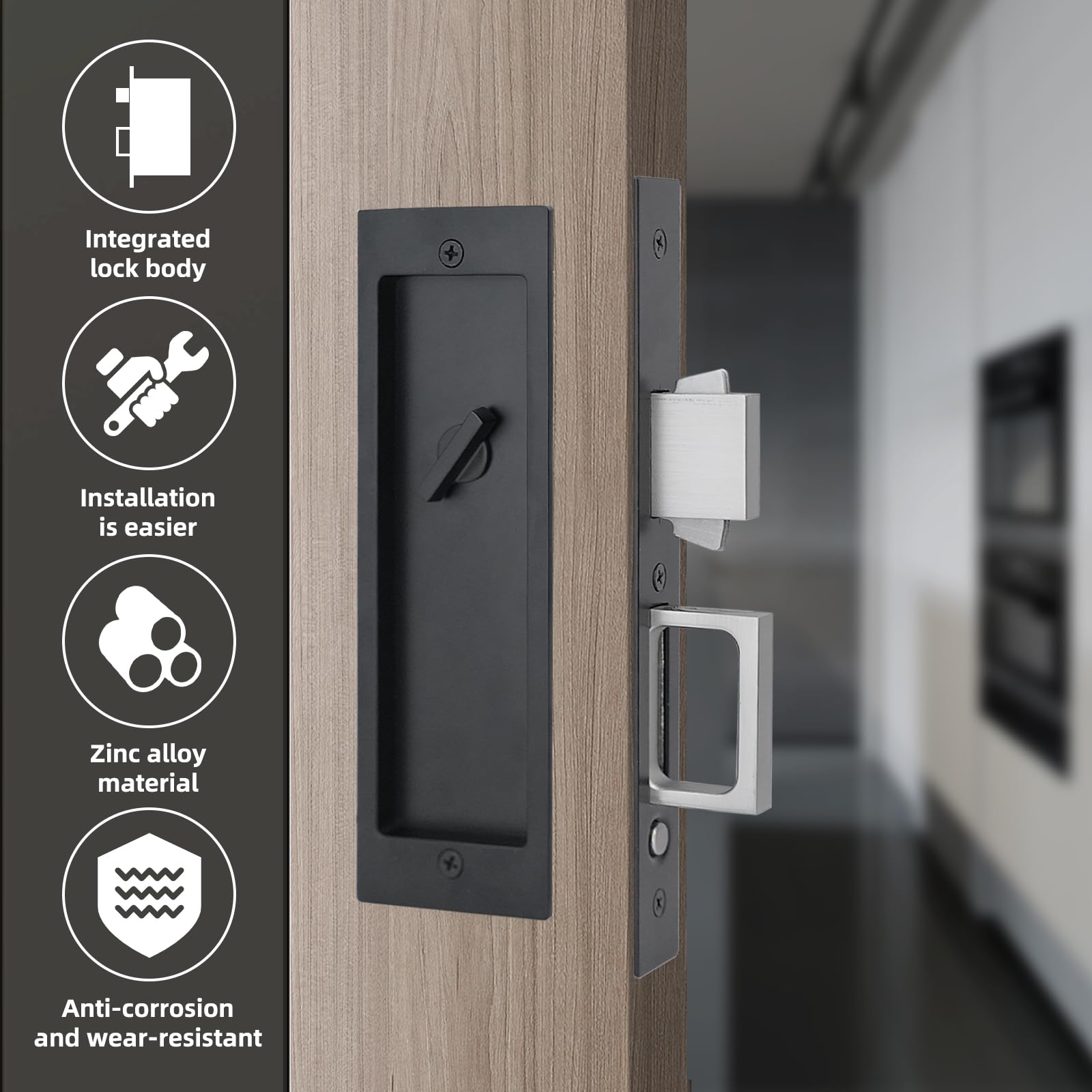 Senharvest black-finish pocket door hardware enhances modern interiors.