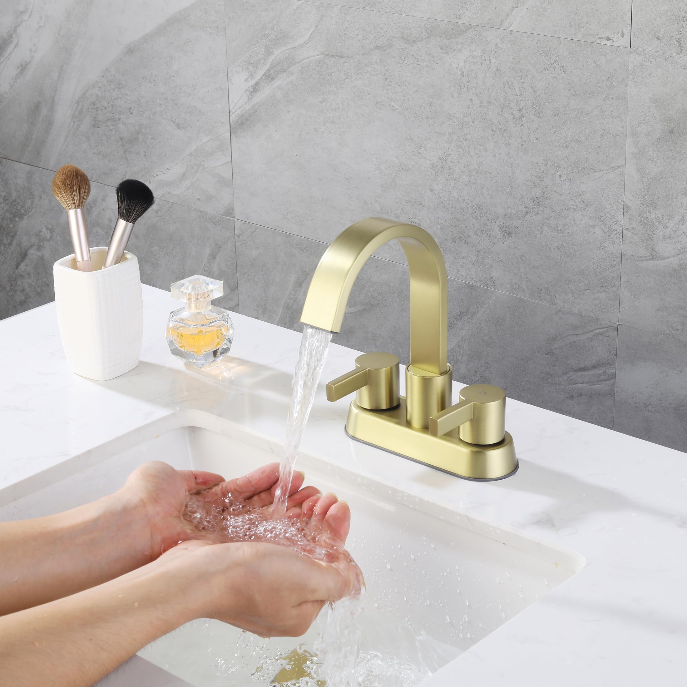Senhozi SE-0048-BG side profile showing 360-degree spout reach in brushed gold.