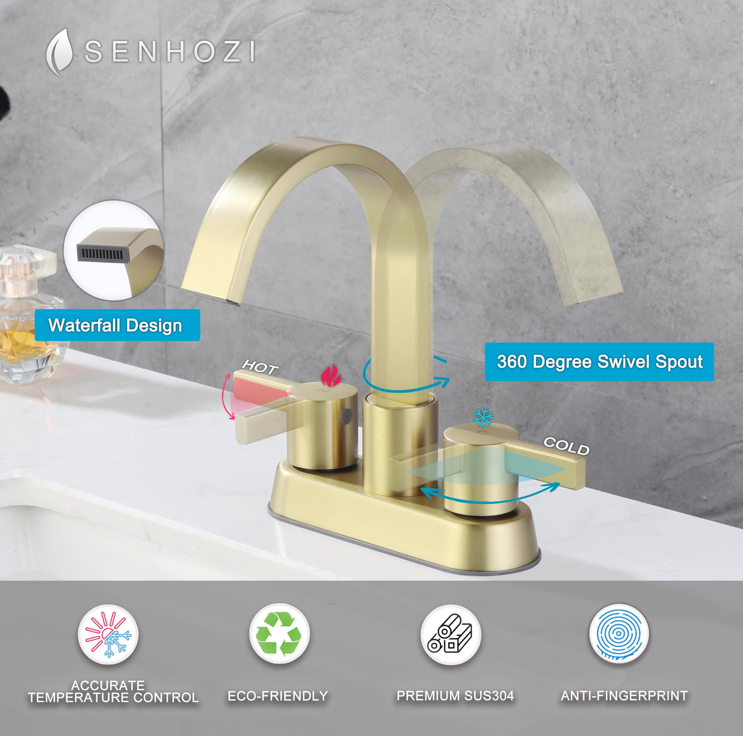 Senhozi SE-0048-BG 360-degree spout close-up illustrating versatile reach.
