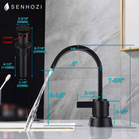 Senhozi matte black faucet with pop-up drain for a clean bathroom look.