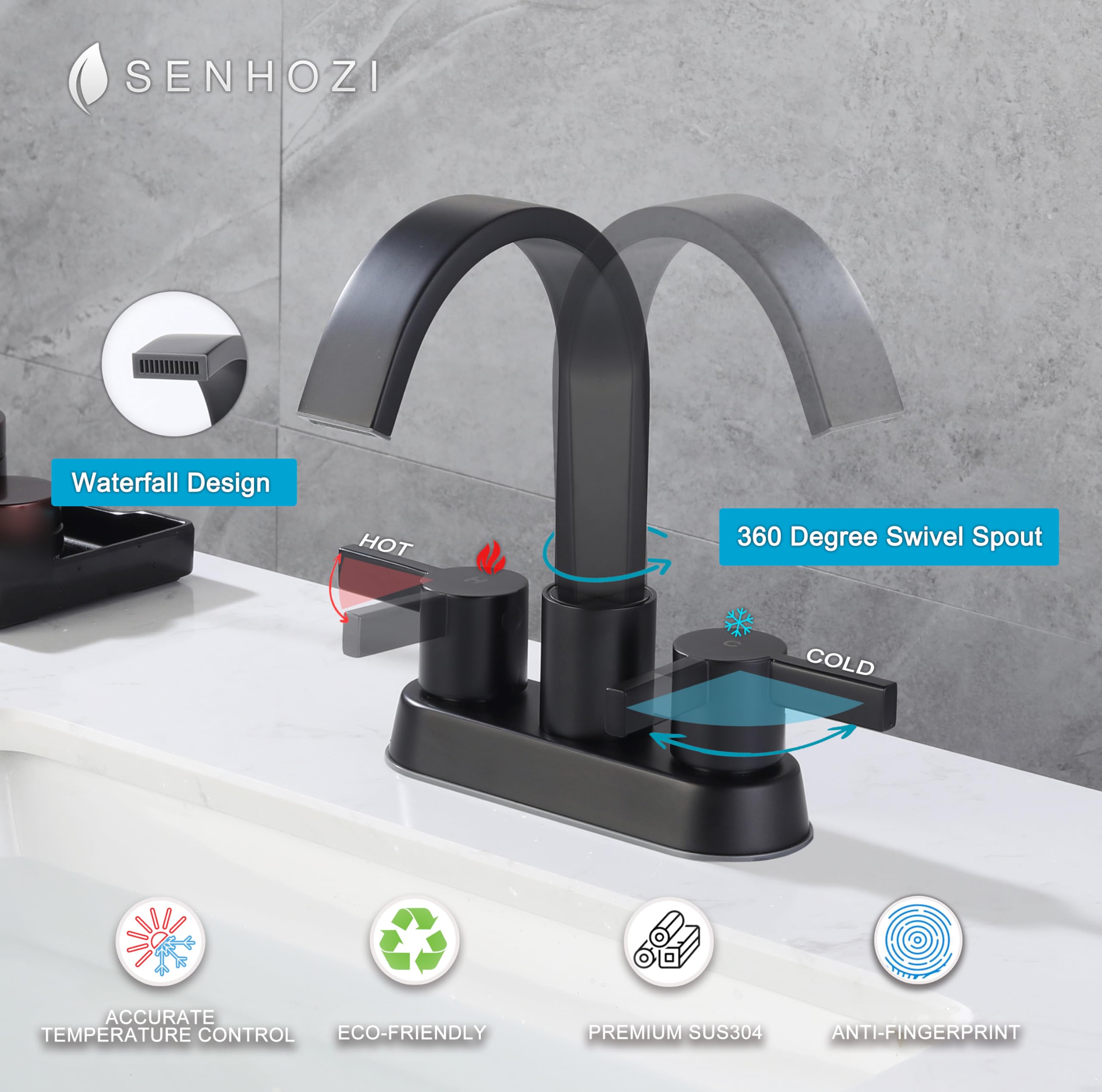 Senhozi SUS304 matte black faucet body offers durable corrosion resistance.