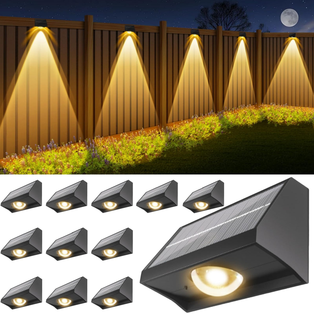 SenLuKit solar fence lights with bright beam illuminate the yard at night.