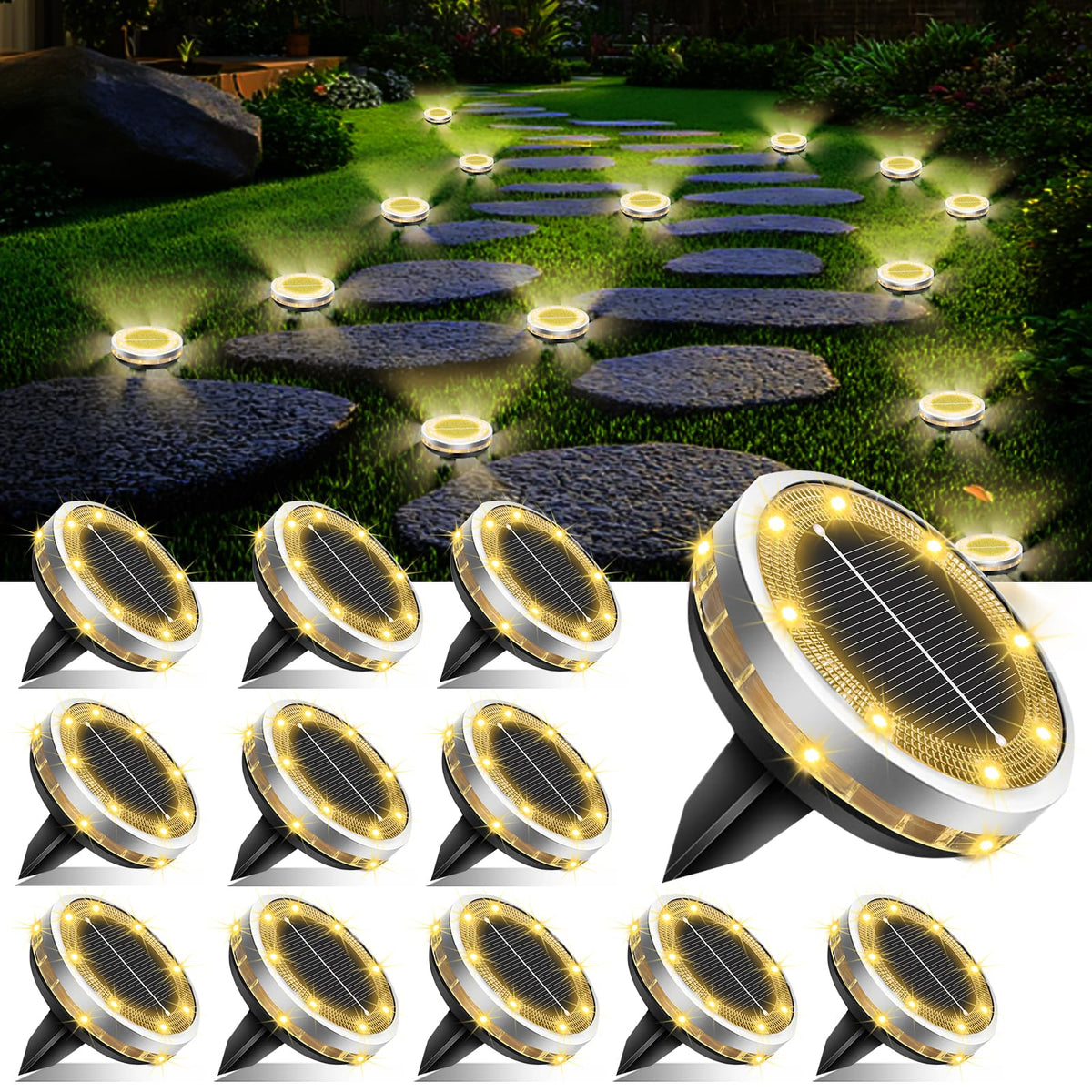 SenLuKit solar ground lights 12-pack illuminate walkways with warm glow.