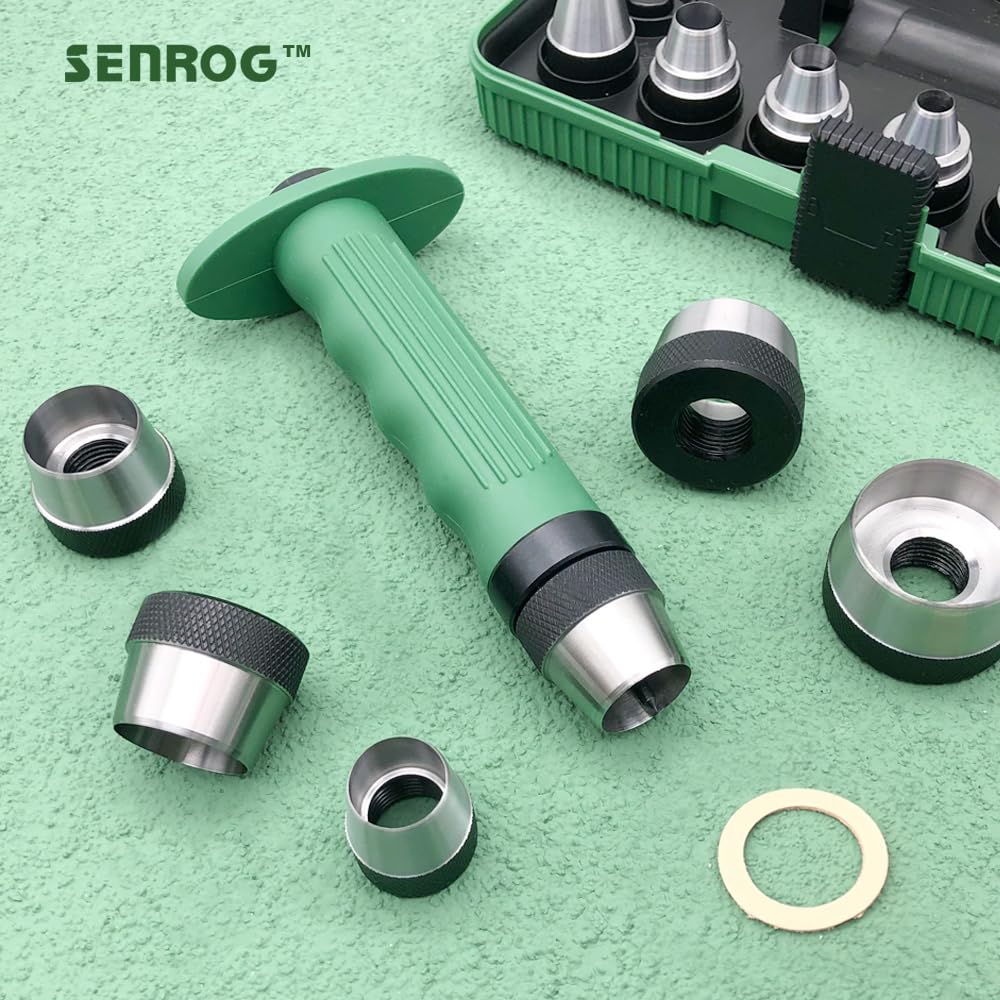 SENROG ergonomic handheld leather hole punch in action for belt or bag projects.