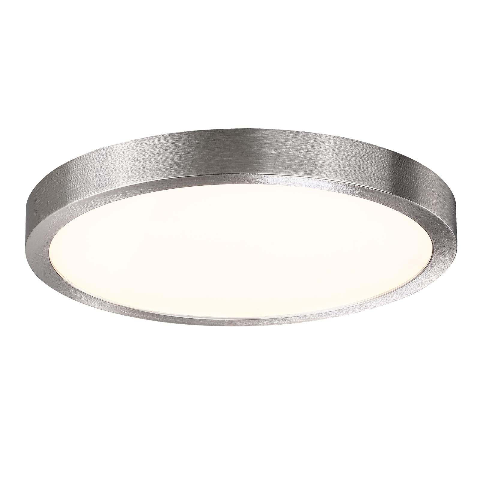 Senroyal 10-inch LED flush mount with brushed nickel disk and glass diffuser for even light.