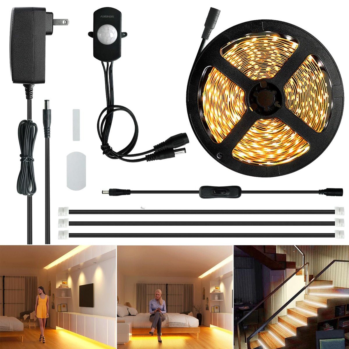 Sensky motion strip light kit for the bedroom illuminates with smart, space-saving glow.