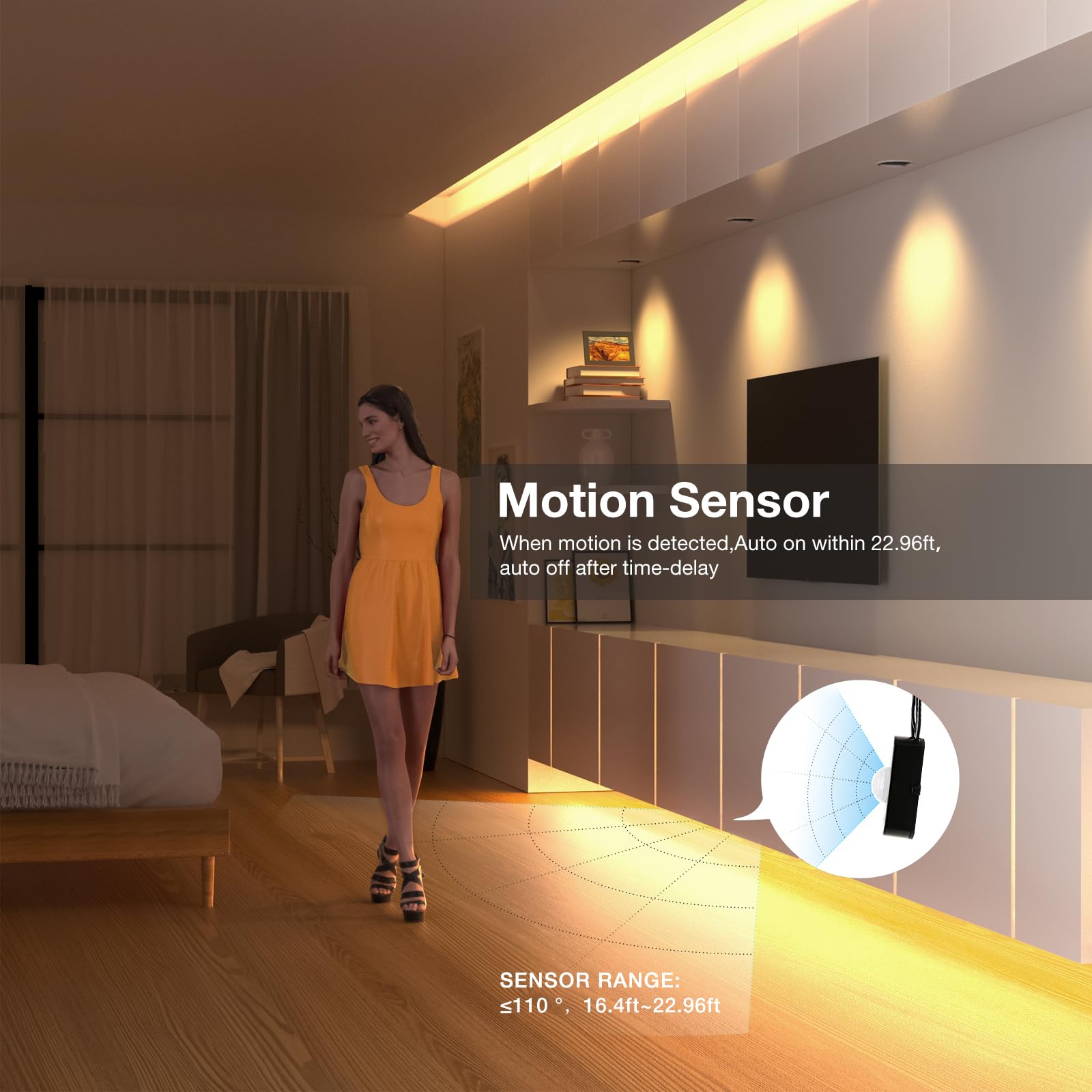Sensky motion strip light kit closet reveals shelves instantly on entry.