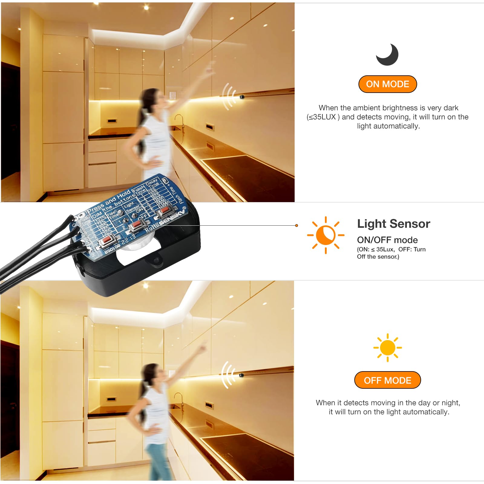 Sensky motion strip light kit pantry keeps shelves visible when reaching for foods.