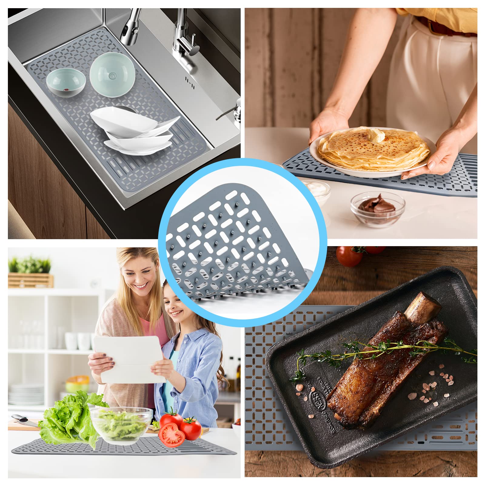 Sentoda silicone sink mat in grey finish complements rustic farmhouse kitchen decor.