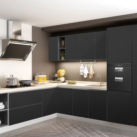 Seonta removable black wallpaper on countertops provides durable, easy-to-clean coverage.