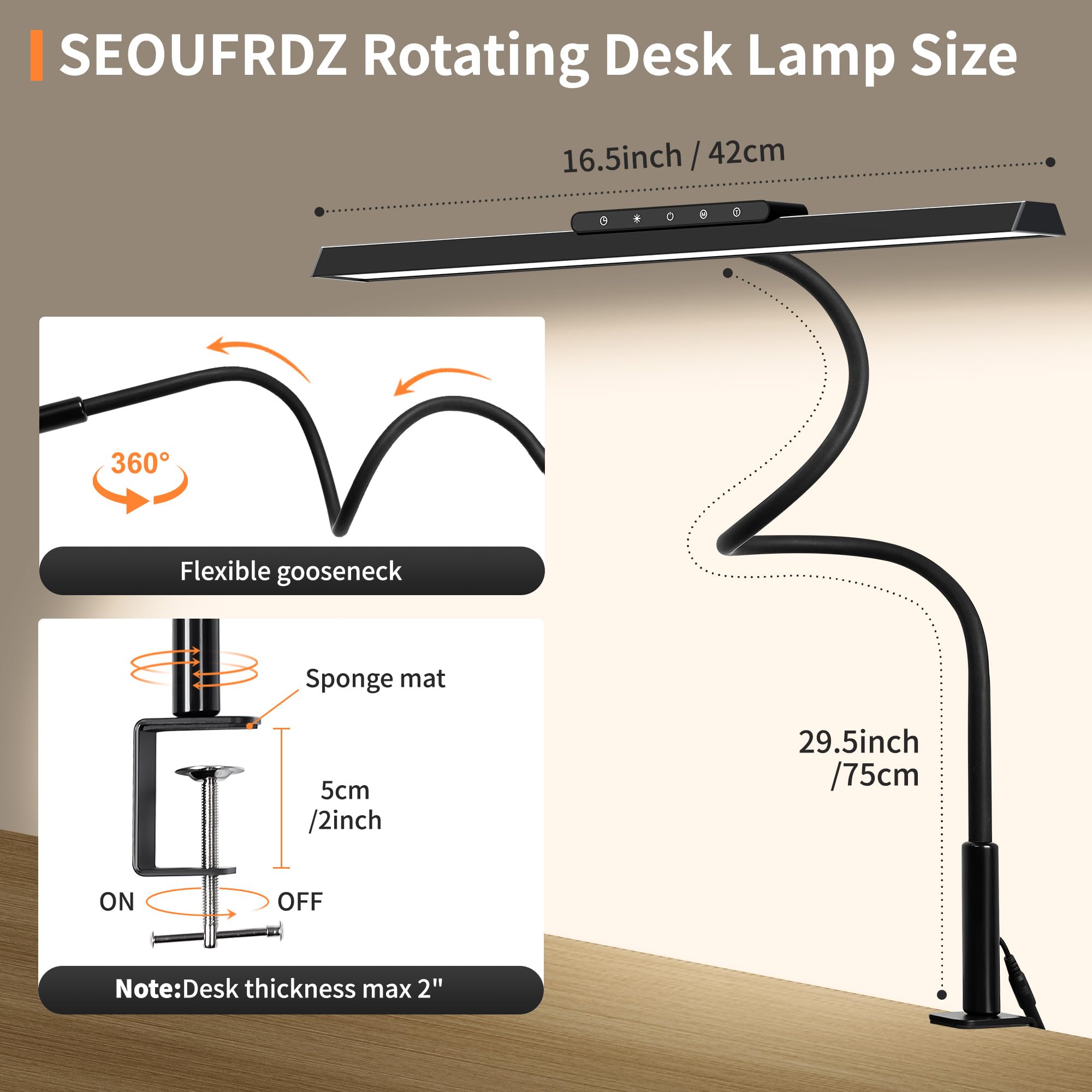 SEOUFRDZ desk lamp clamp on a thick desk with soft pad for stability.