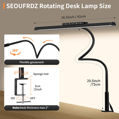 SEOUFRDZ desk lamp clamp on a thick desk with soft pad for stability.