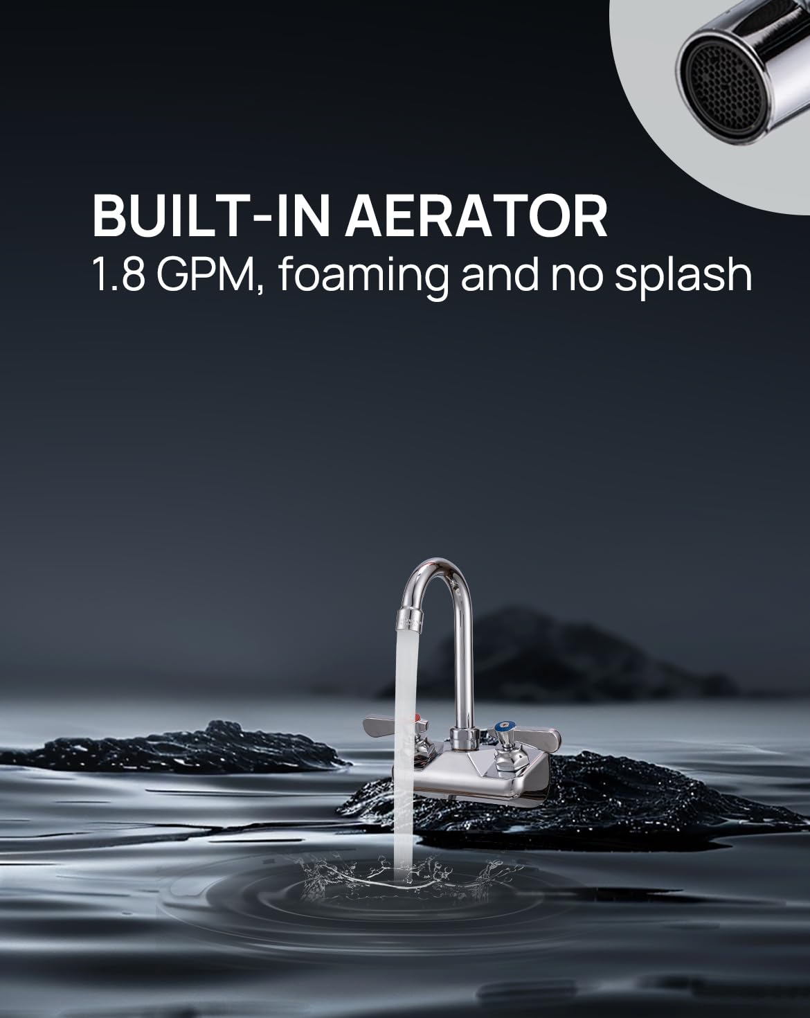 Sepaitek foaming aerator at 1.8 GPM reduces splashing during washing