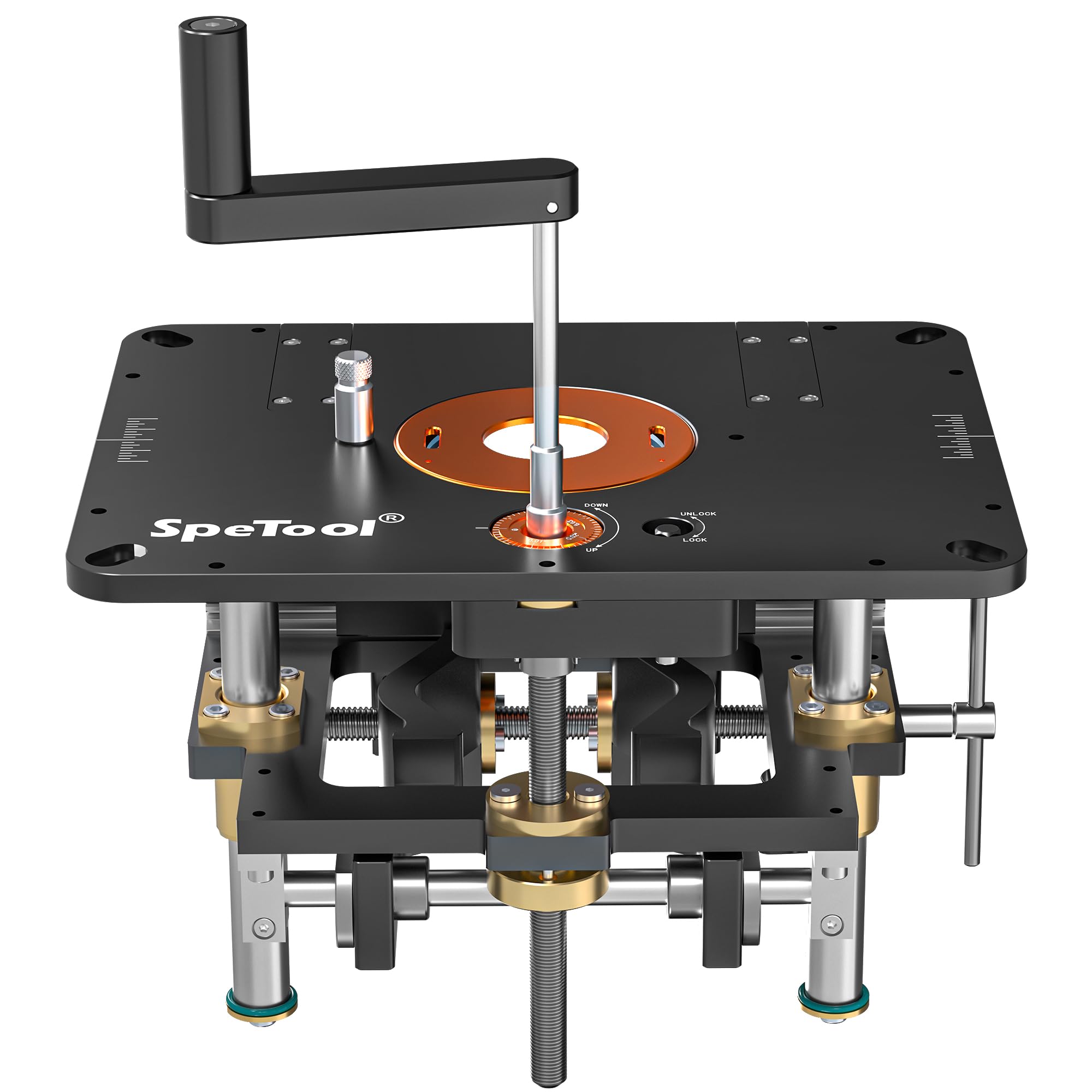 SpeTool router lift base assembly shows sturdy construction for precise routing