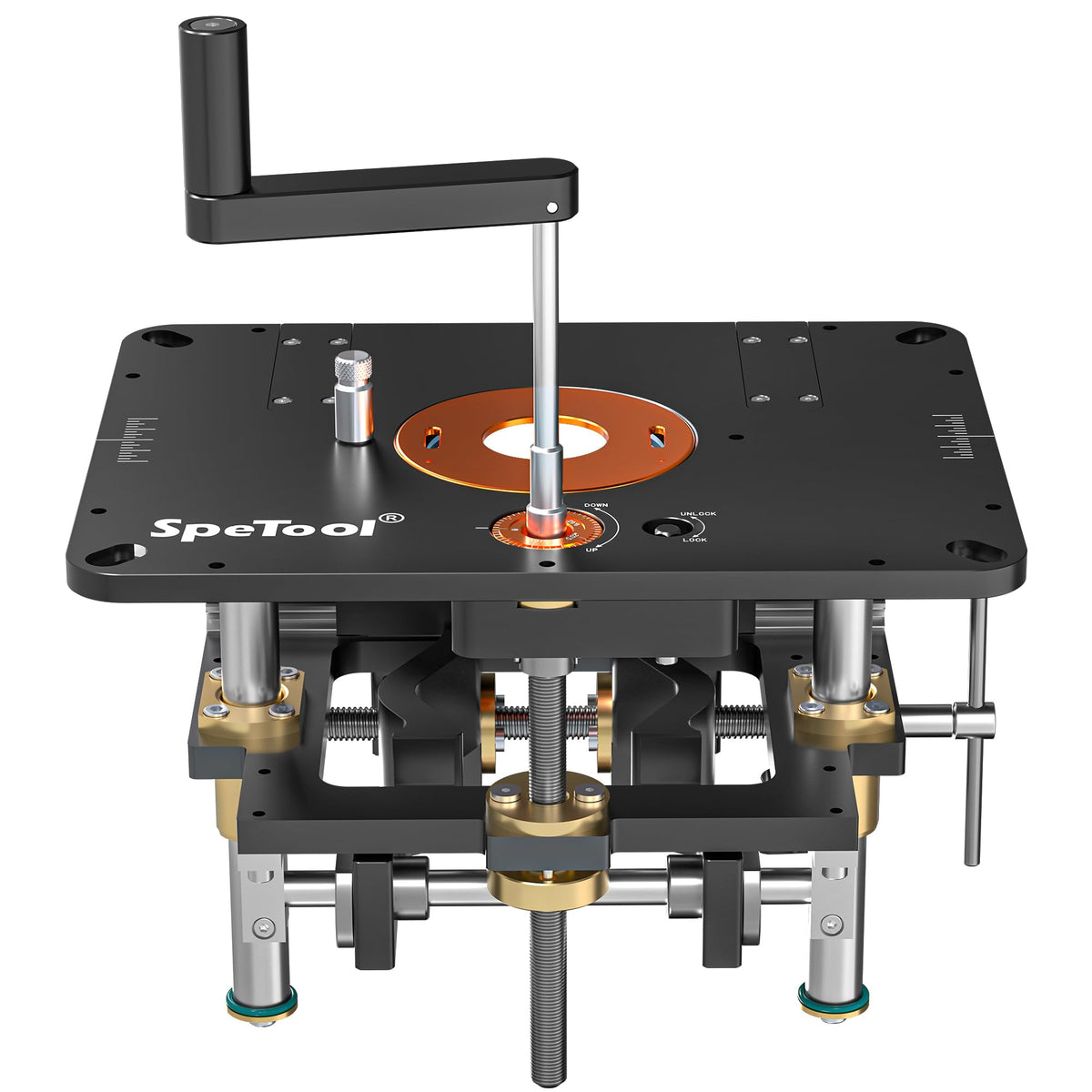 SpeTool router lift base assembly shows sturdy construction for precise routing