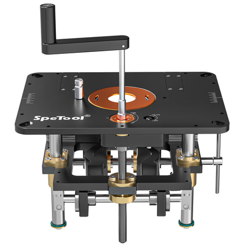 SpeTool router lift base assembly shows sturdy construction for precise routing