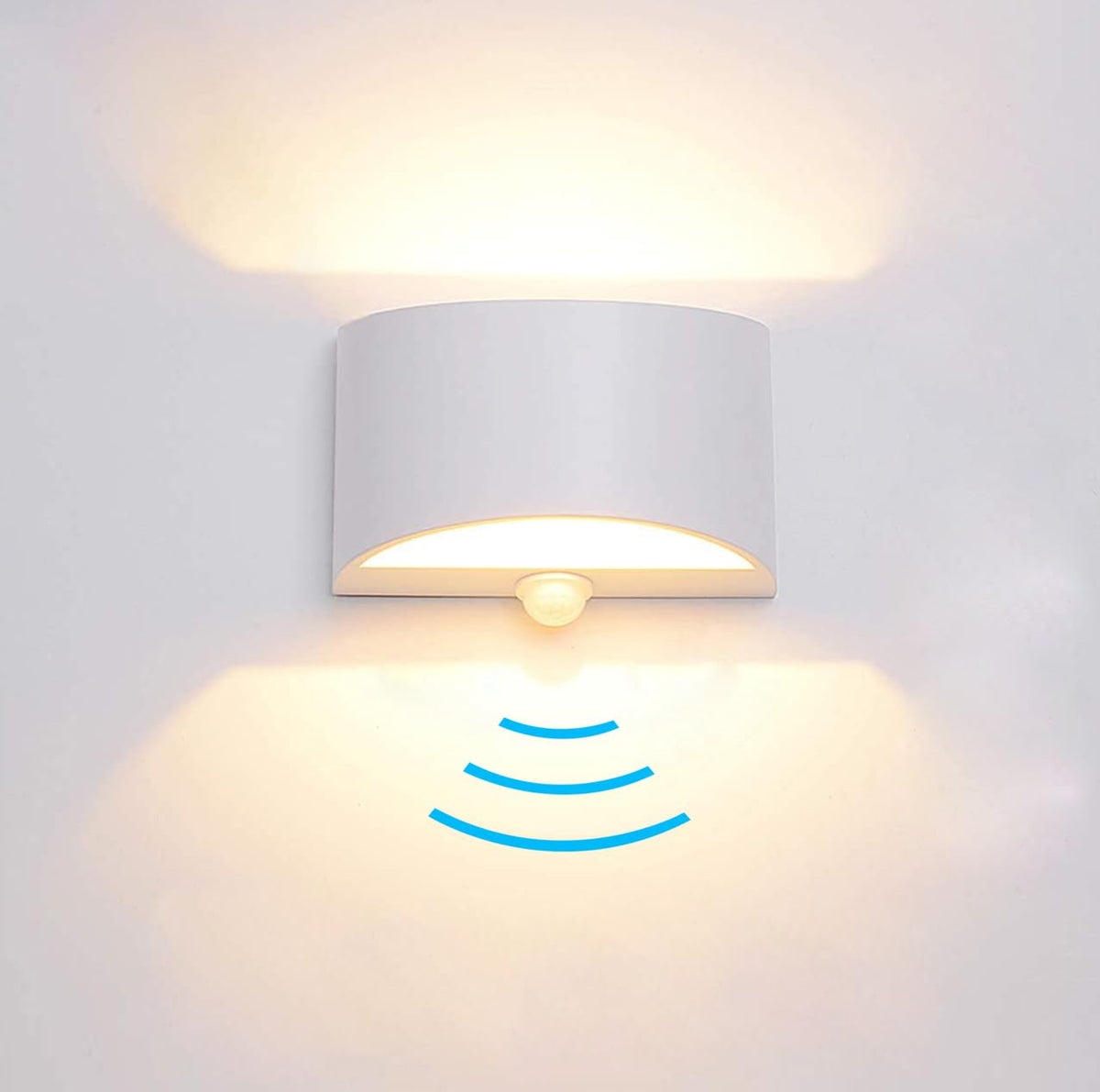 SERDEN LED wall sconce front view glowing in warm 3000K light for cozy ambience