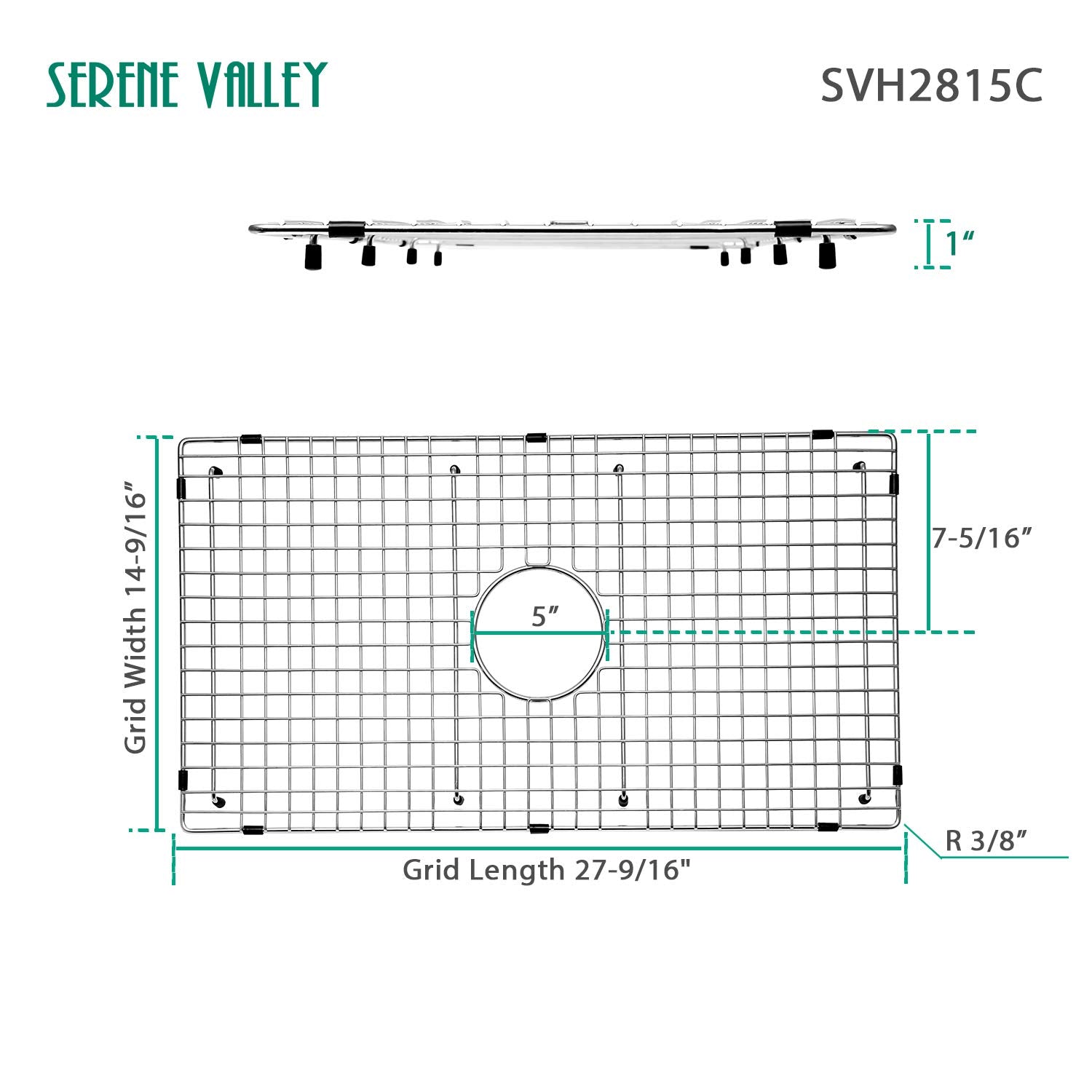 Serene Valley center drain grid ensures efficient drainage and utensil protection.