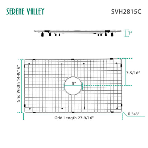 Serene Valley center drain grid ensures efficient drainage and utensil protection.