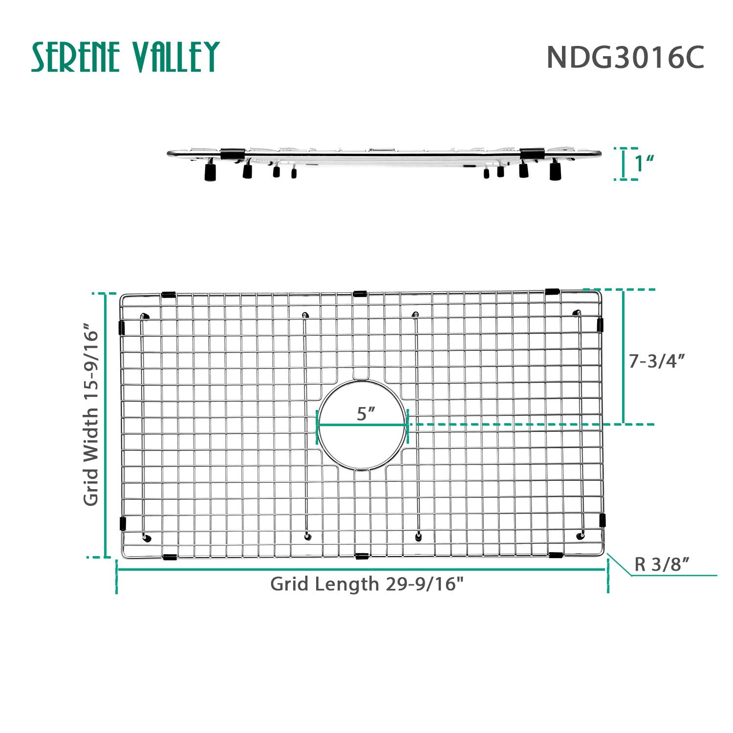 Serene Valley NDG3016C grid centered drain illustration showing balanced drainage.