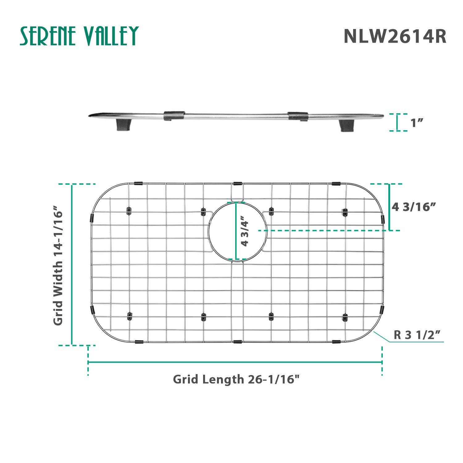 Serene Valley NLW2614R grid rear-drain view demonstrating alignment with the sink drain.