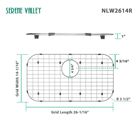 Serene Valley NLW2614R grid rear-drain view demonstrating alignment with the sink drain.