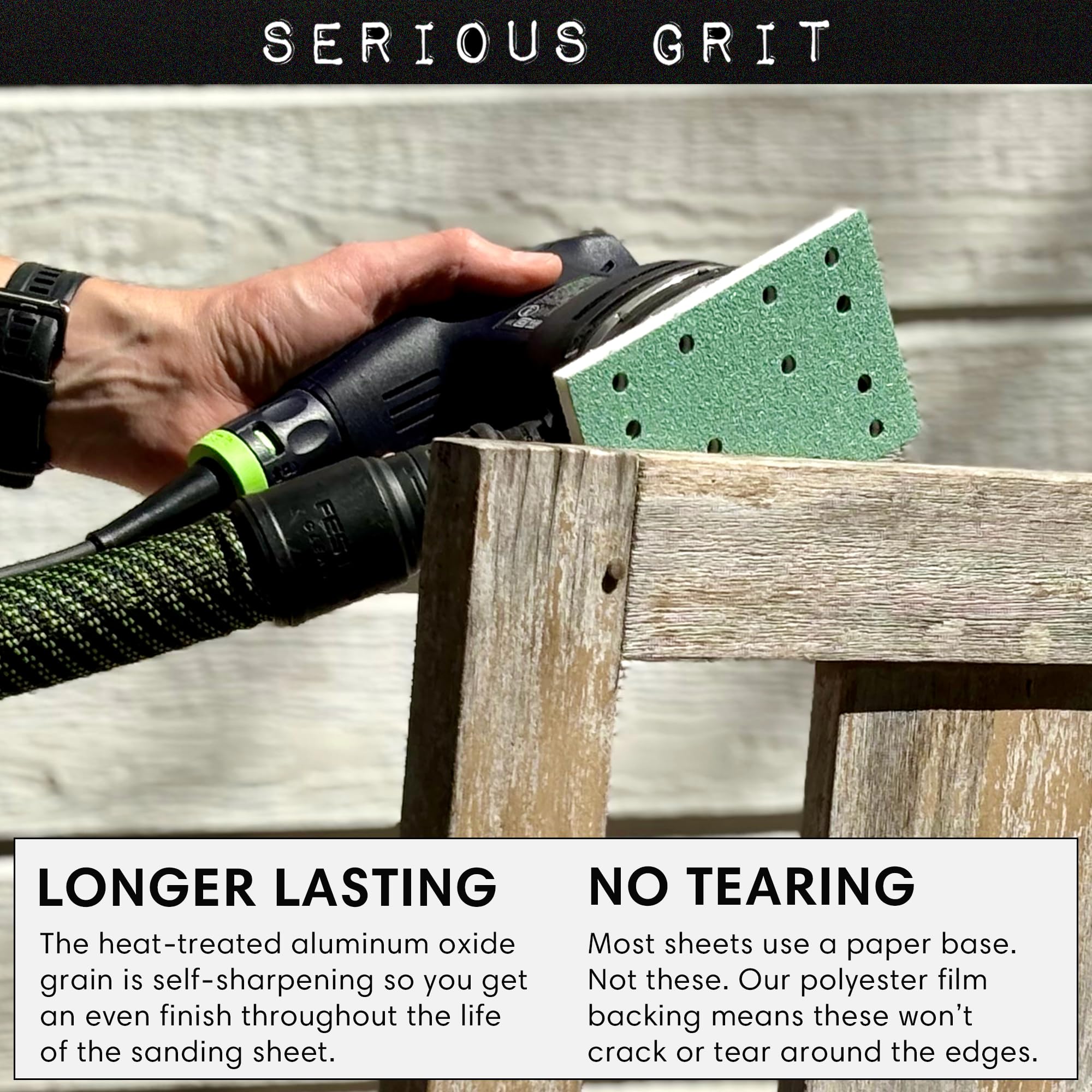 Serious Grit 14-hole sanding sheet back view showing hook-and-loop backing for quick changes.