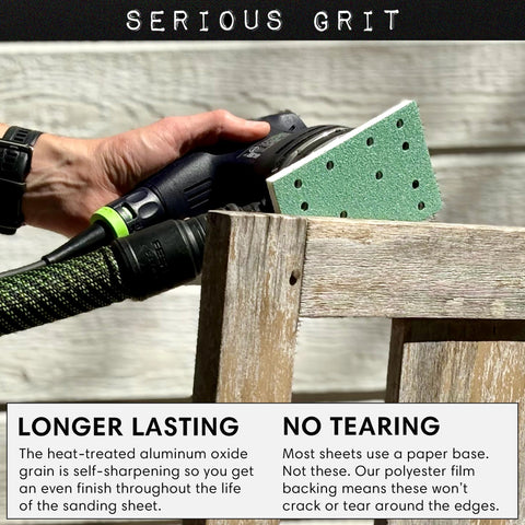 Serious Grit 14-hole sanding sheet back view showing hook-and-loop backing for quick changes.