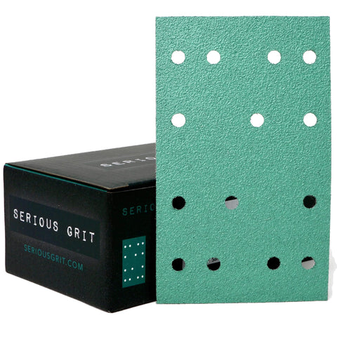 Serious Grit 14-hole 80-grit sanding sheet front view for precise sanding on compatible tools.