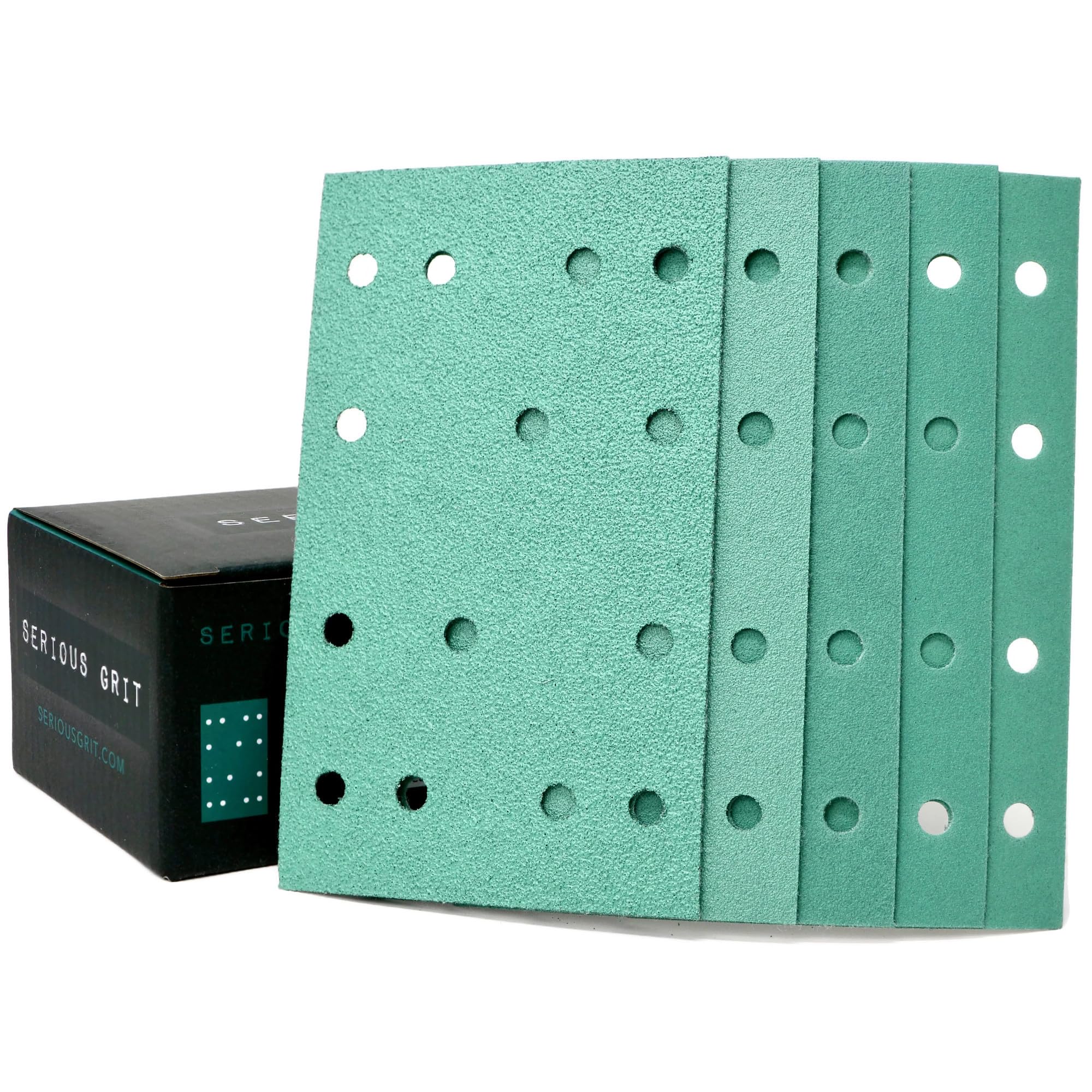 Serious Grit 14-hole sanding sheets box front for quick project setup and selection.