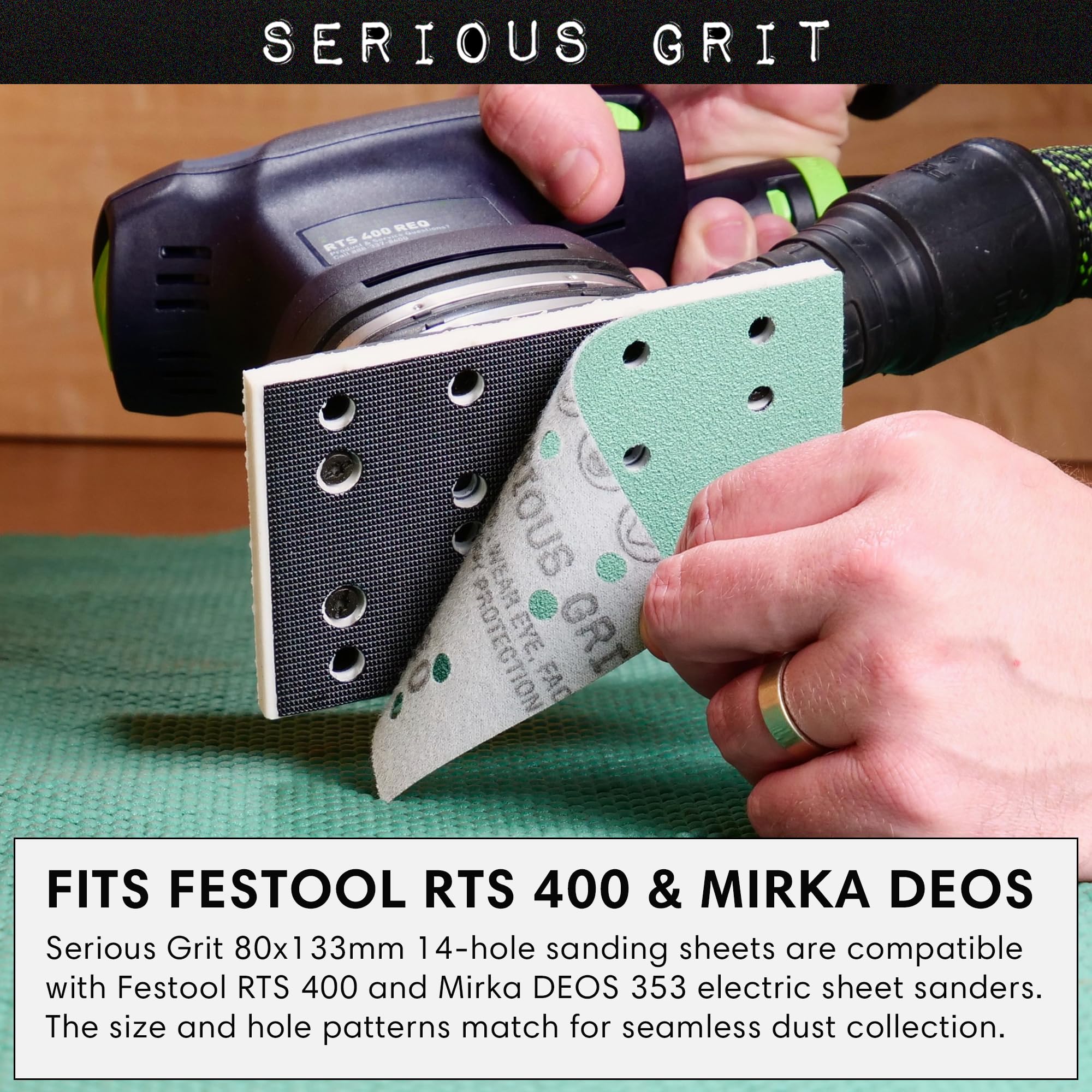 Closeup of Serious Grit sanding sheets showing film backing and durable coating.