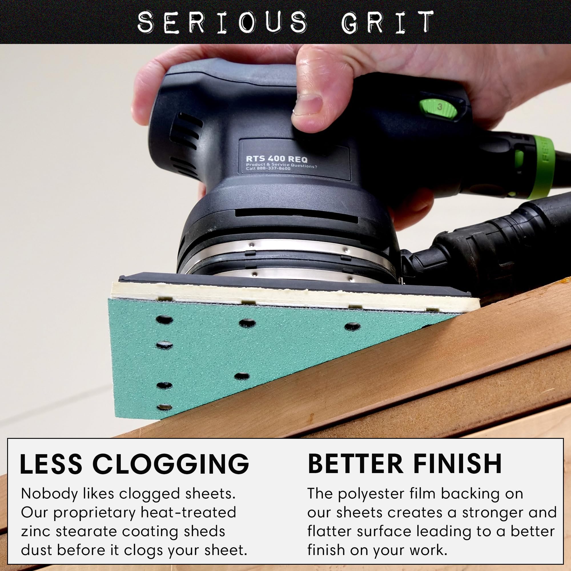 Serious Grit 50-pack packaging image highlighting value and bulk sanding sheet savings.