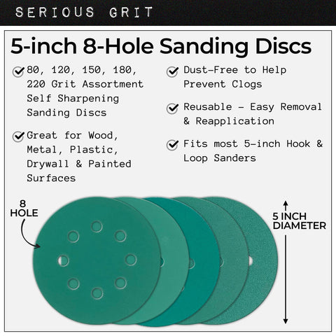 Serious Grit 5-inch 8-hole 120-grit disc for smooth sanding and fine finishing.