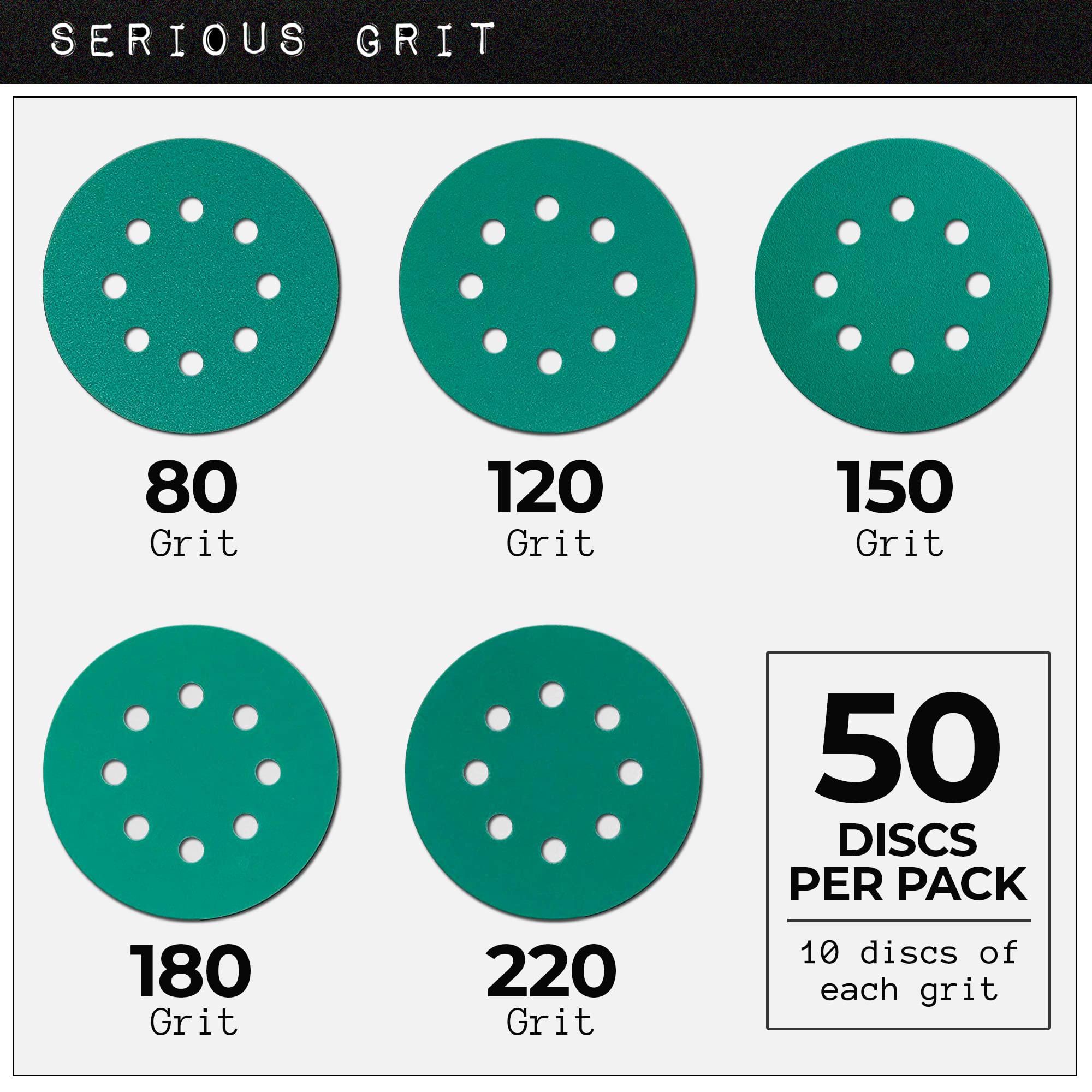 Serious Grit 5-inch 8-hole 150-grit disc for balanced stock removal and surface prep.