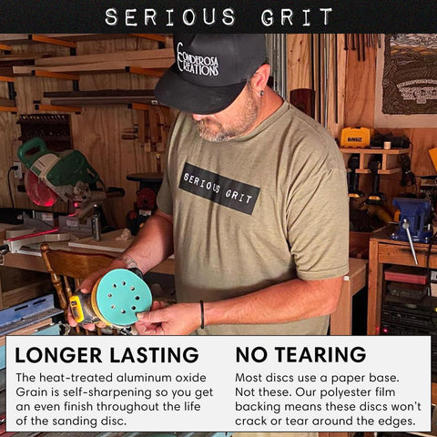 Serious Grit 5-inch 8-hole 180-grit disc for refined smoothing on painted surfaces.