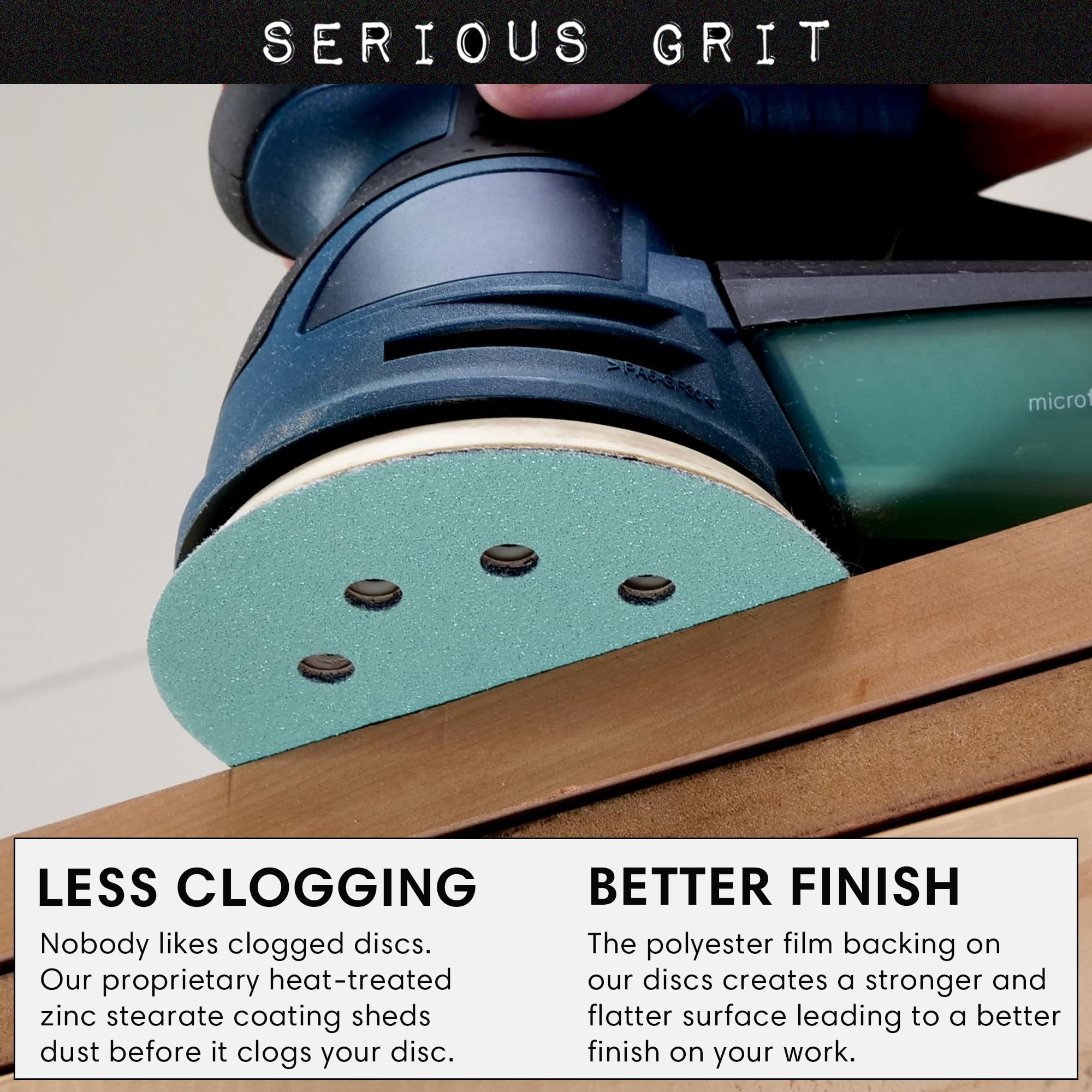 Serious Grit 5-inch 8-hole 220-grit disc for final finishing and swirls-free results.