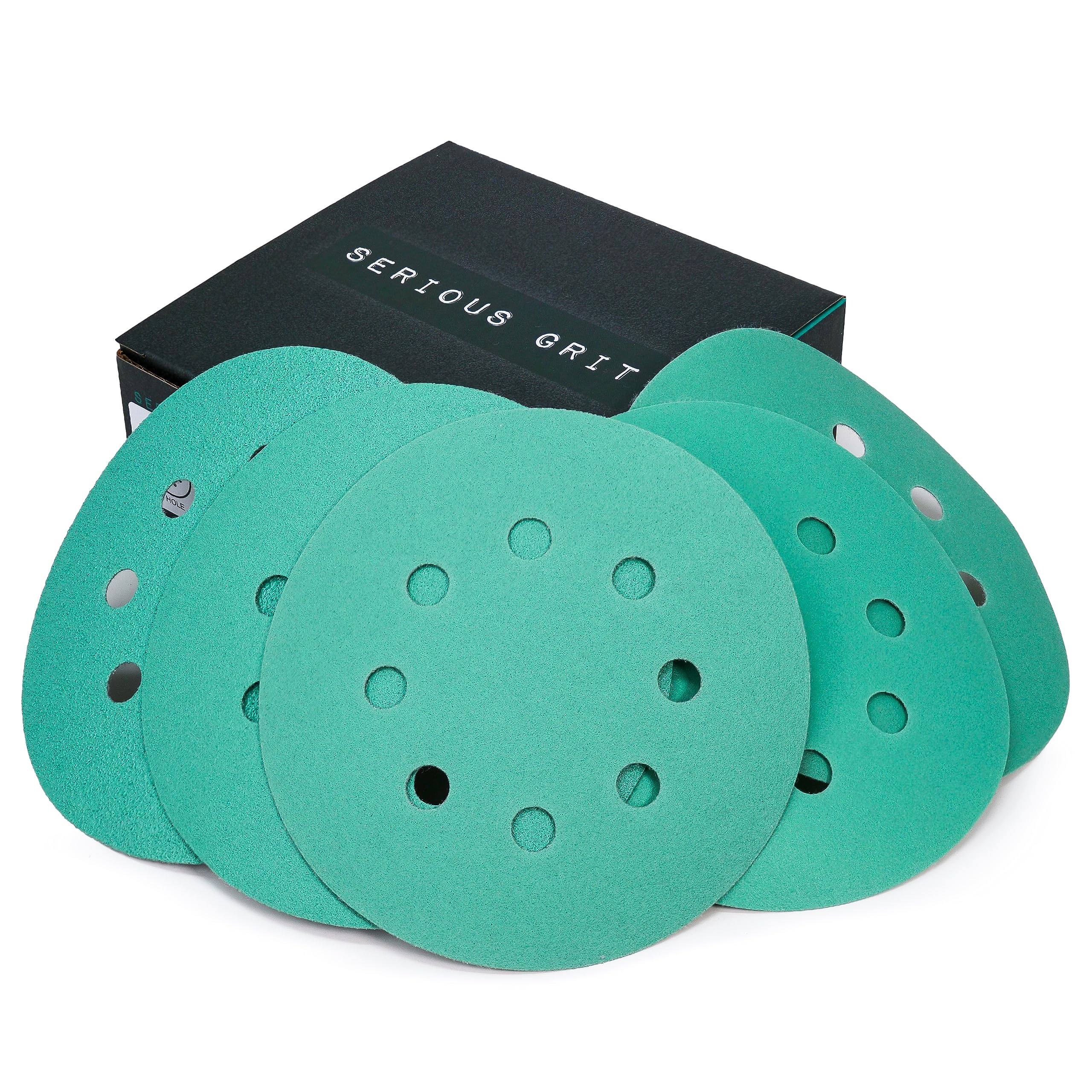 Serious Grit 5-inch 8-hole 80-grit disc for fast material removal on wood and metal.
