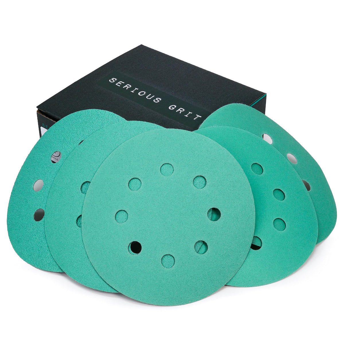 Serious Grit 5-inch 8-hole 80-grit disc for fast material removal on wood and metal.