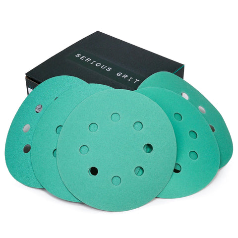 Serious Grit 5-inch 8-hole 80-grit disc for fast material removal on wood and metal.